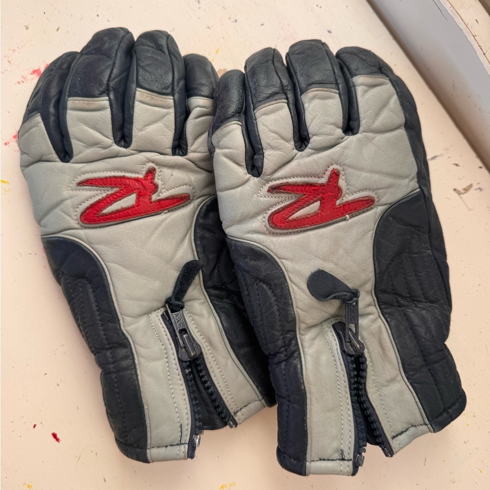 Rare Vintage Rossignol Black, Gray & Red Leather Ski Gloves